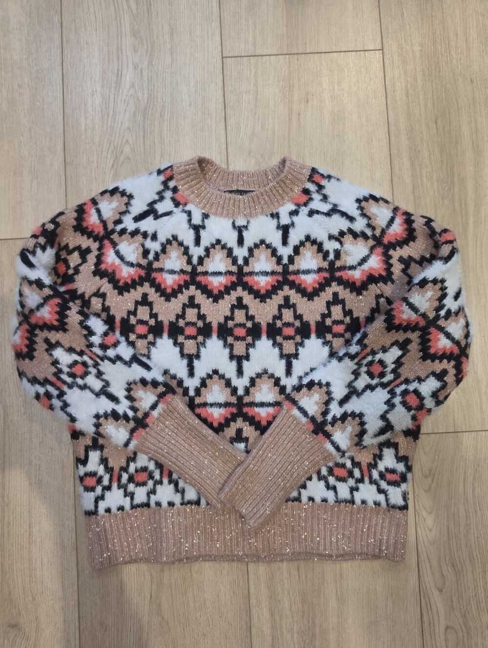 Ann Taylor Petite Fair Isle Fuzzy Sweater Pink Aztec Mock Neck Pullover Size SP